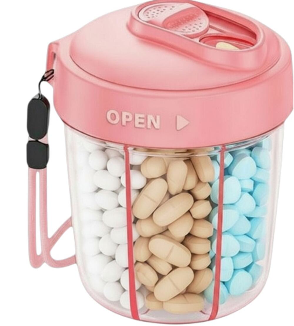 Large Pill Dispenser 7 Compartments, Wide Opening Slider Lid 20 Stickers, Pink